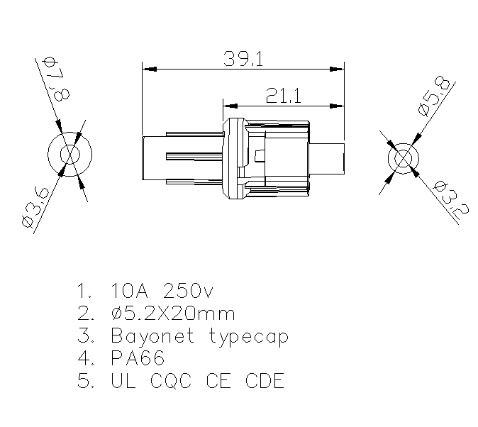 Detentur tal-fjusijiet Inline 10 amp H3-05 Datasheet